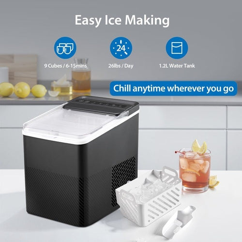 Countertop Ice Maker, Rich Black, 9 Bullet Cubes, 2 Ice Sizes, 26